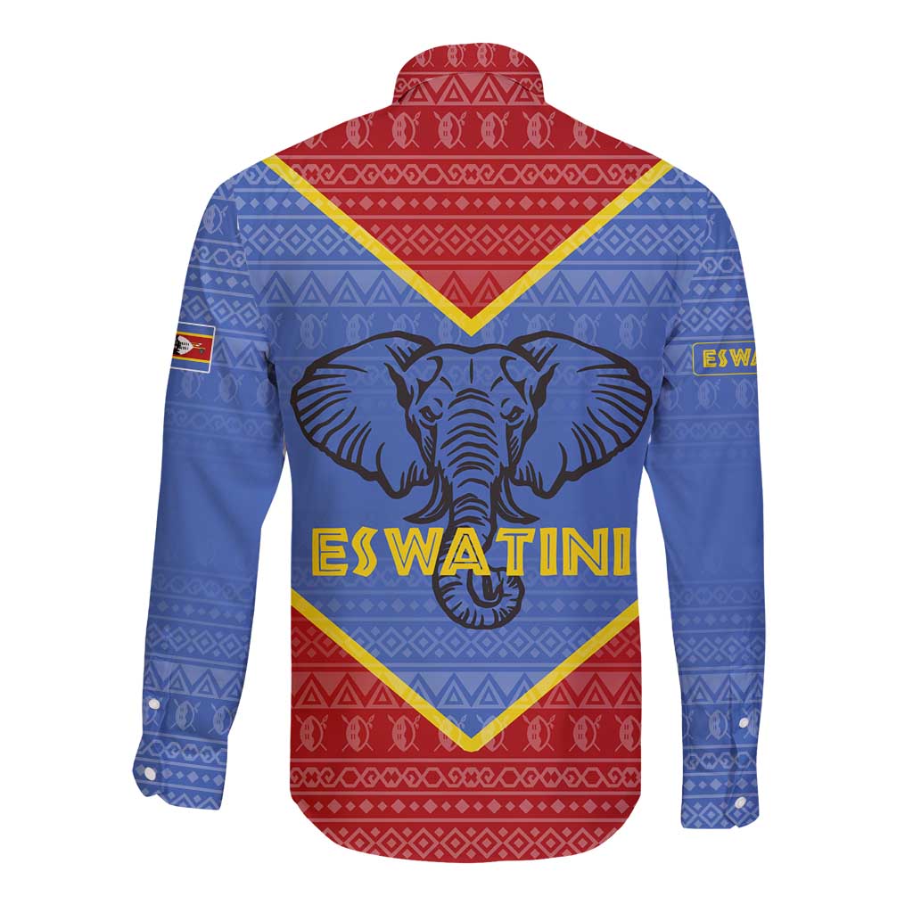Eswatini Elephant Long Sleeve Button Shirt with Tribal Print and National Flag Details