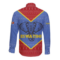 Eswatini Elephant Long Sleeve Button Shirt with Tribal Print and National Flag Details