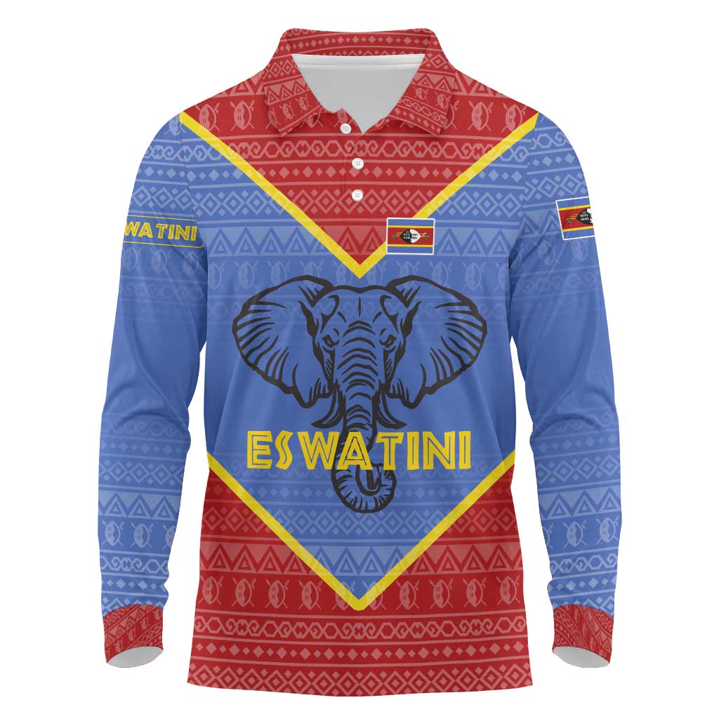 Eswatini Elephant Long Sleeve Polo Shirt with Tribal Print and National Flag Details