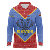 Eswatini Elephant Long Sleeve Polo Shirt with Tribal Print and National Flag Details
