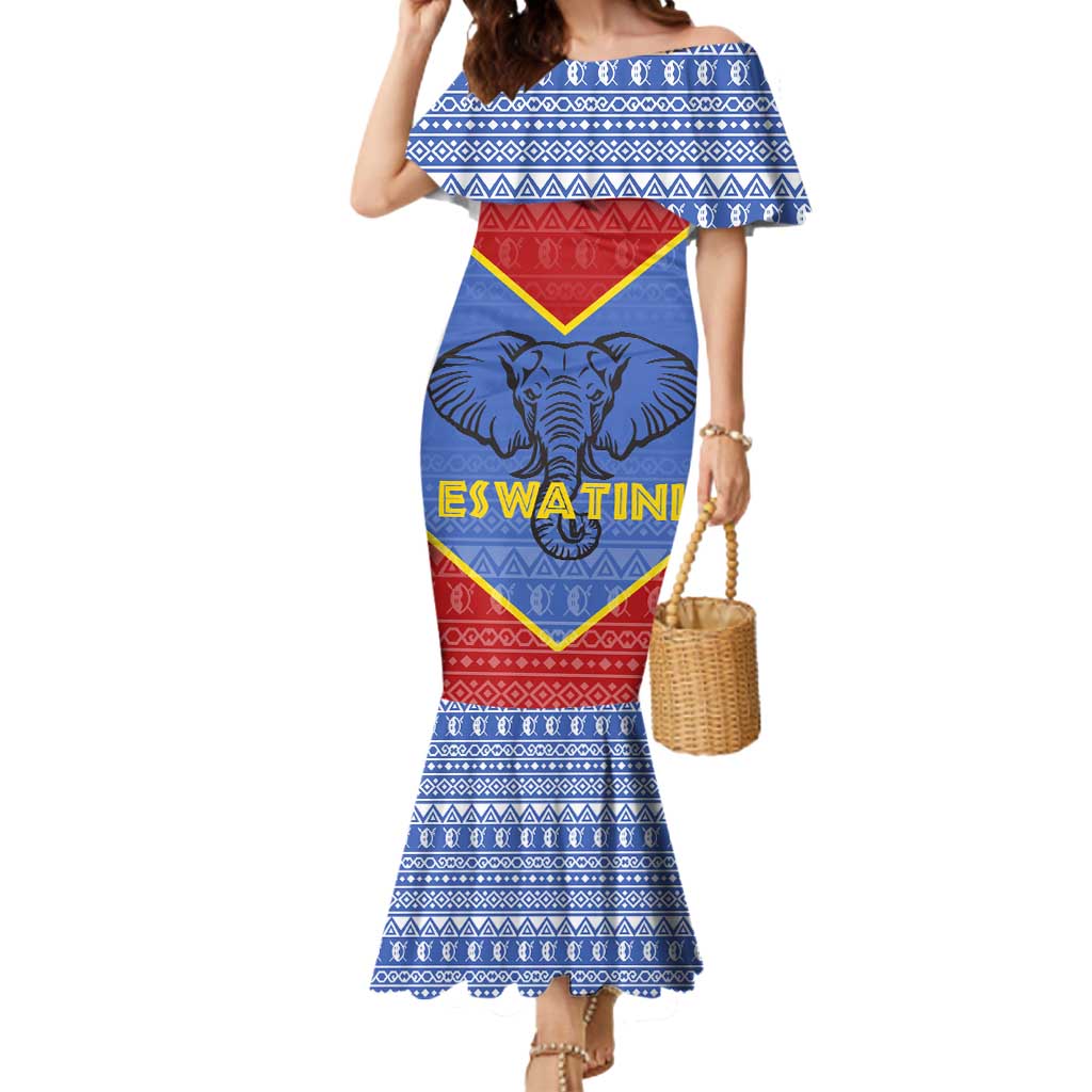 Eswatini Elephant Mermaid Dress with Tribal Print and National Flag Details
