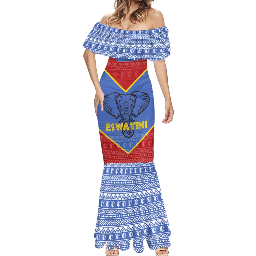 Eswatini Elephant Mermaid Dress with Tribal Print and National Flag Details