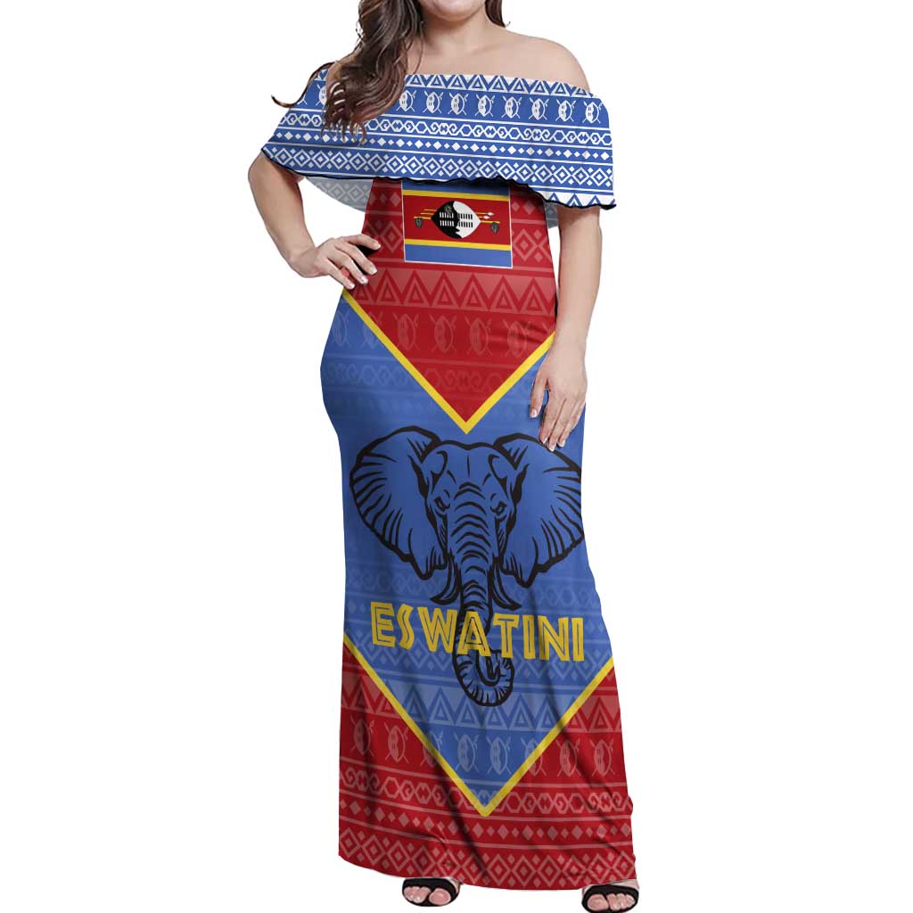 Eswatini Elephant Off Shoulder Maxi Dress with Tribal Print and National Flag Details