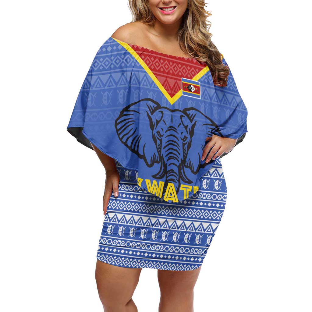 Eswatini Elephant Off Shoulder Short Dress with Tribal Print and National Flag Details