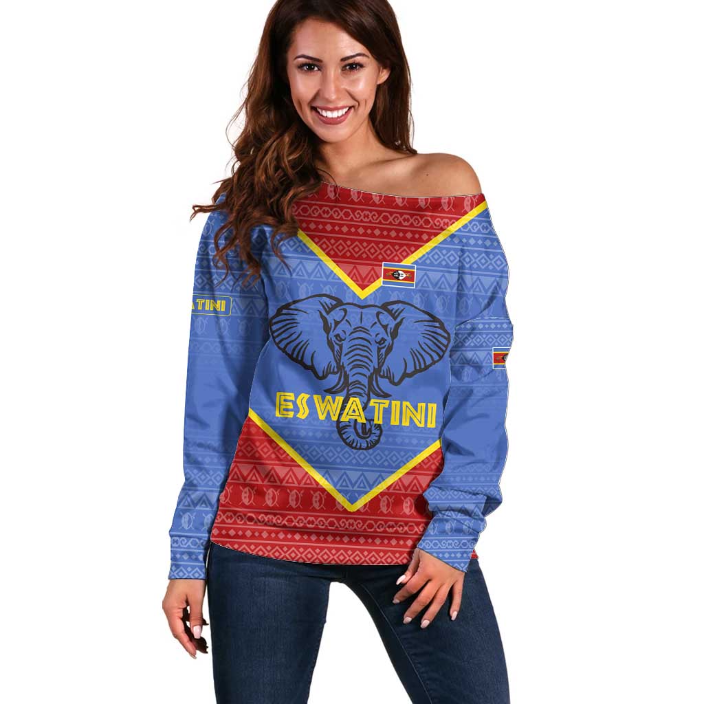 Eswatini Elephant Off Shoulder Sweater with Tribal Print and National Flag Details