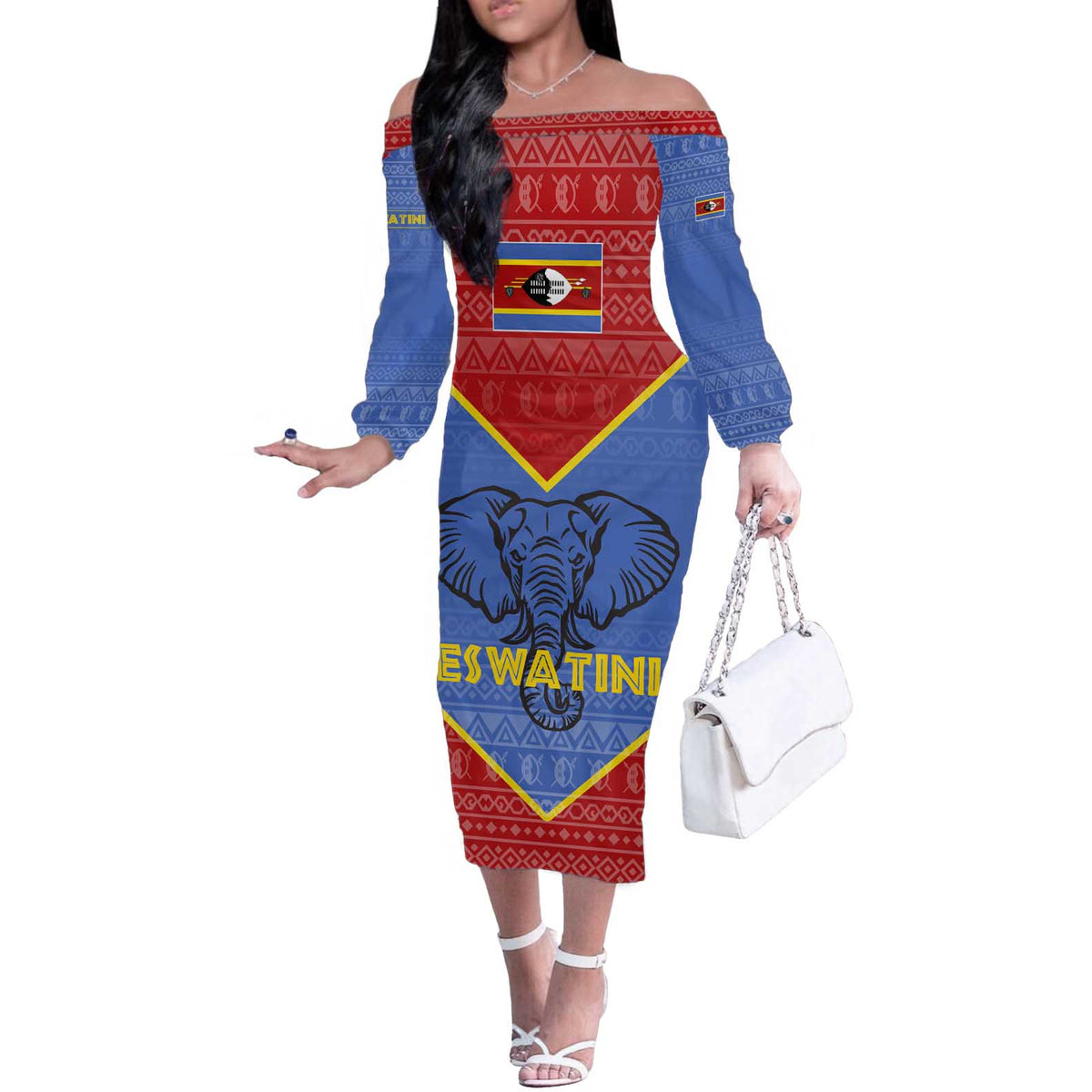 Eswatini Elephant Off The Shoulder Long Sleeve Dress with Tribal Print and National Flag Details