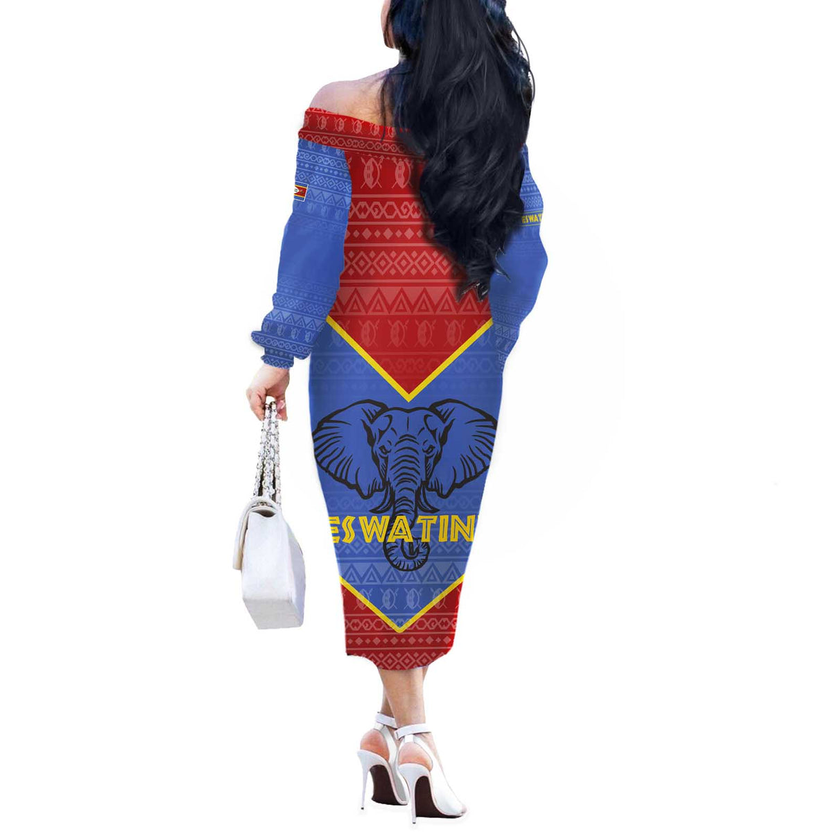 Eswatini Elephant Off The Shoulder Long Sleeve Dress with Tribal Print and National Flag Details
