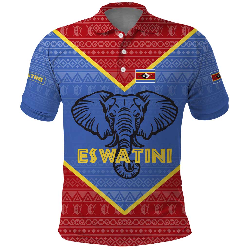 Eswatini Elephant Polo Shirt with Tribal Print and National Flag Details