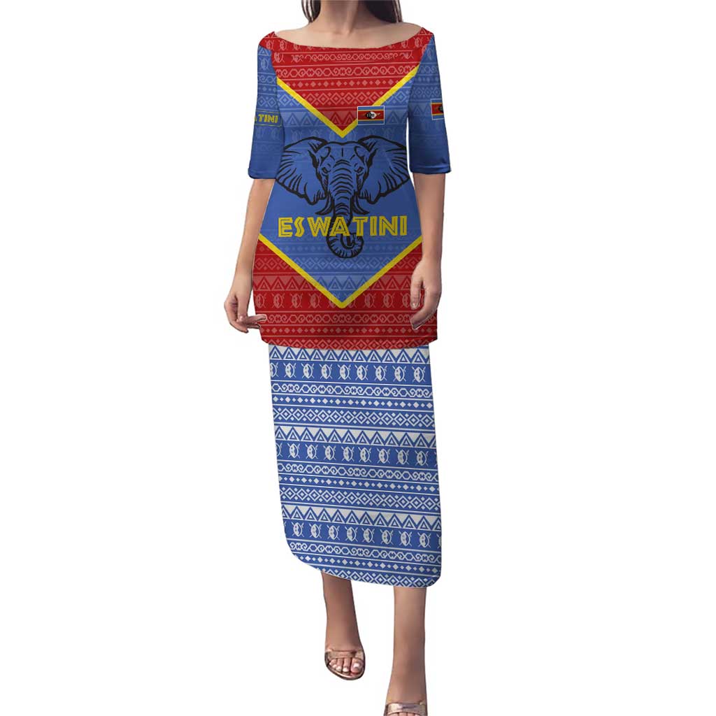 Eswatini Elephant Puletasi with Tribal Print and National Flag Details