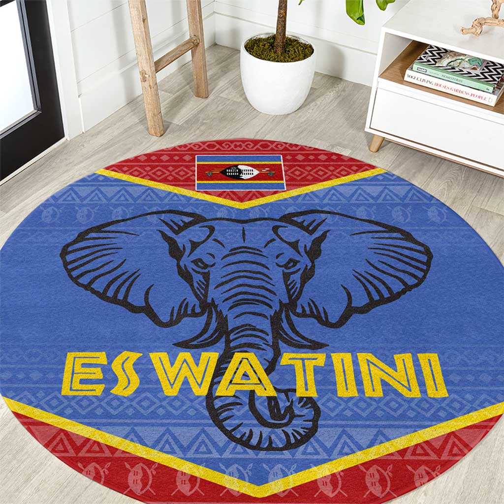 Eswatini Elephant Round Carpet with Tribal Print and National Flag Details