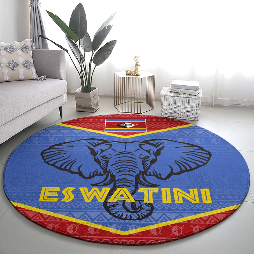 Eswatini Elephant Round Carpet with Tribal Print and National Flag Details