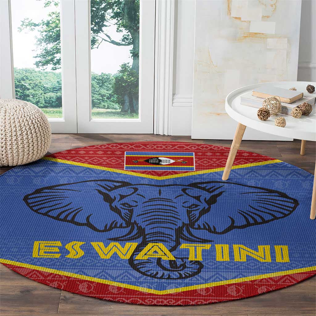 Eswatini Elephant Round Carpet with Tribal Print and National Flag Details