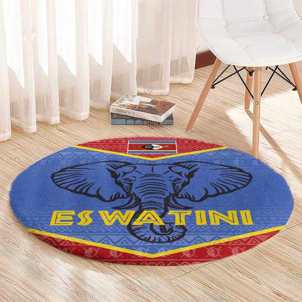 Eswatini Elephant Round Carpet with Tribal Print and National Flag Details