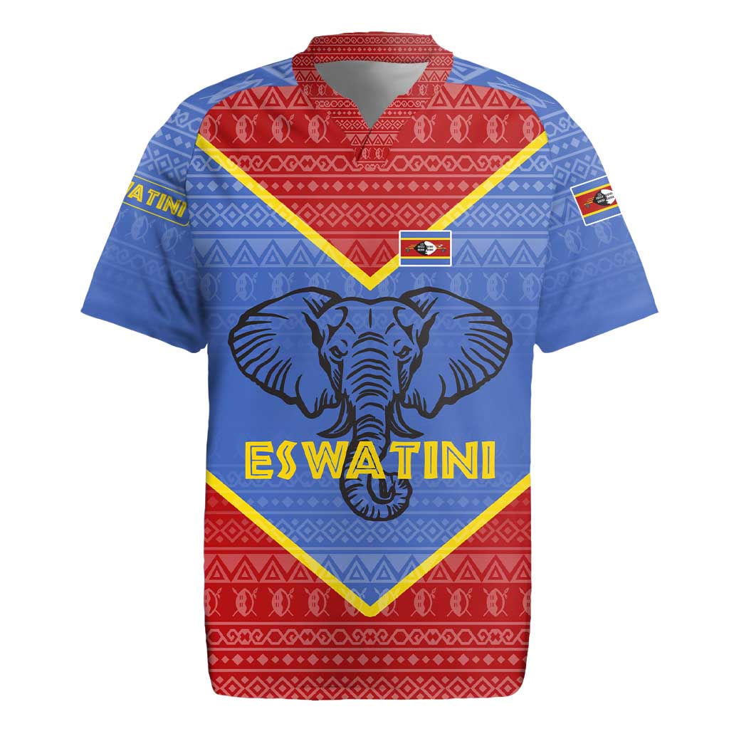 Eswatini Elephant Rugby Jersey with Tribal Print and National Flag Details