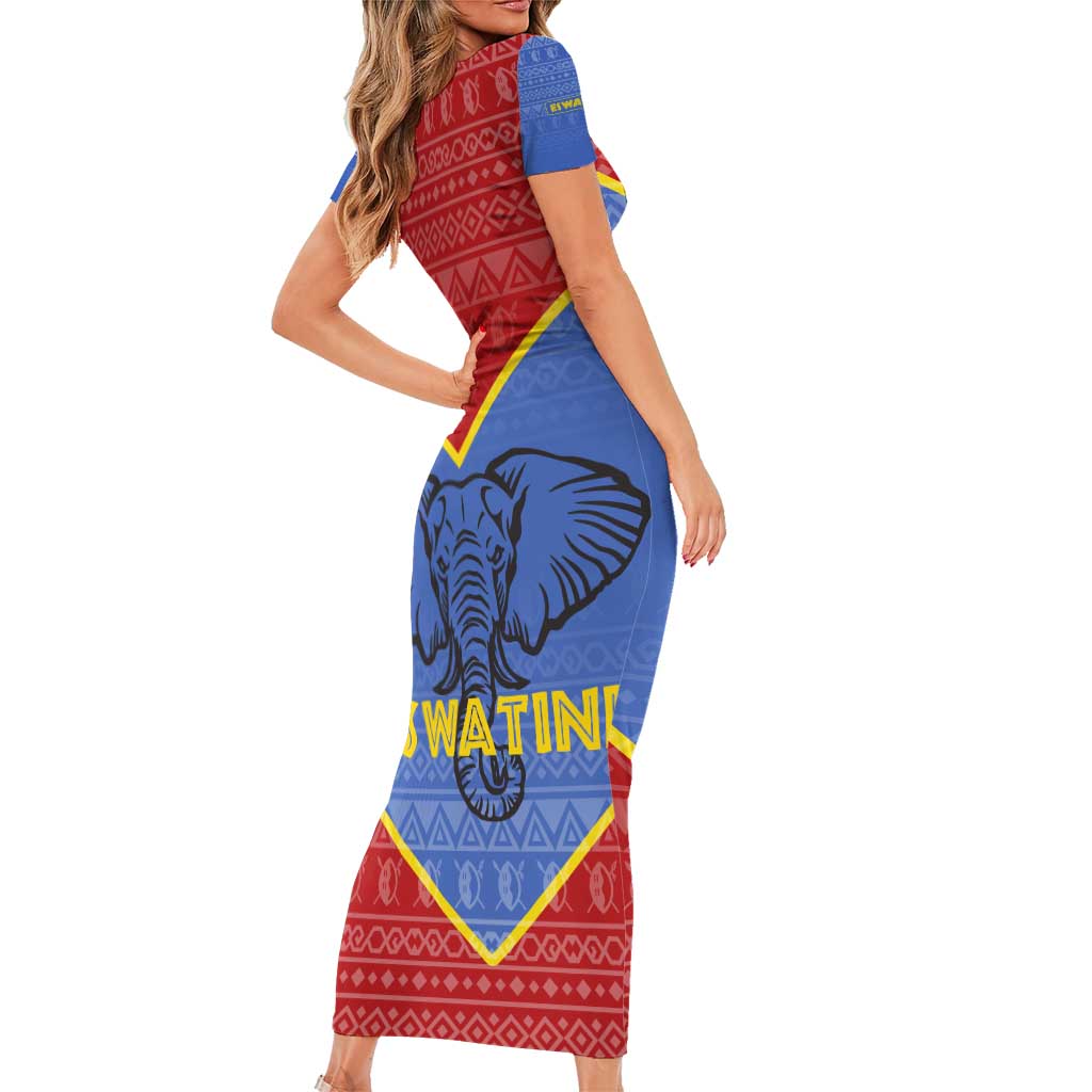 Eswatini Elephant Short Sleeve Bodycon Dress with Tribal Print and National Flag Details