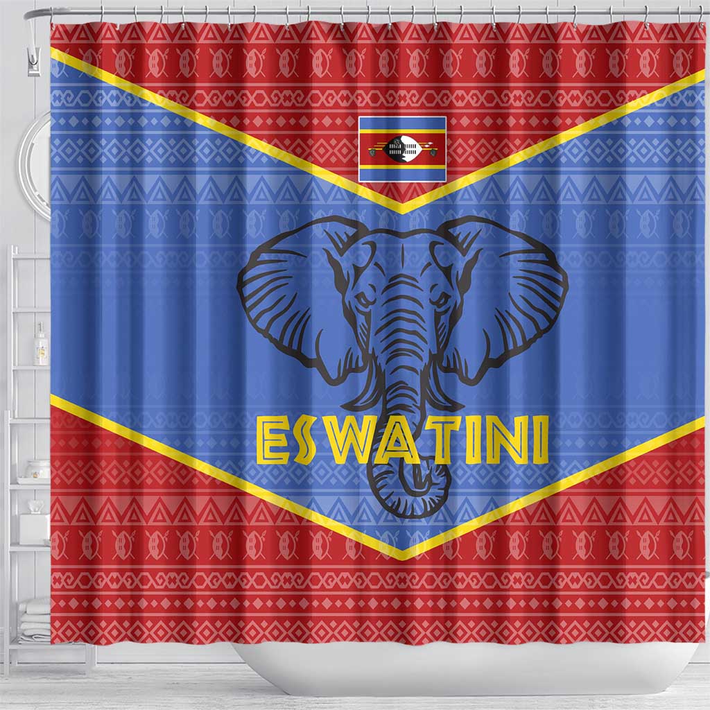 Eswatini Elephant Shower Curtain with Tribal Print and National Flag Details