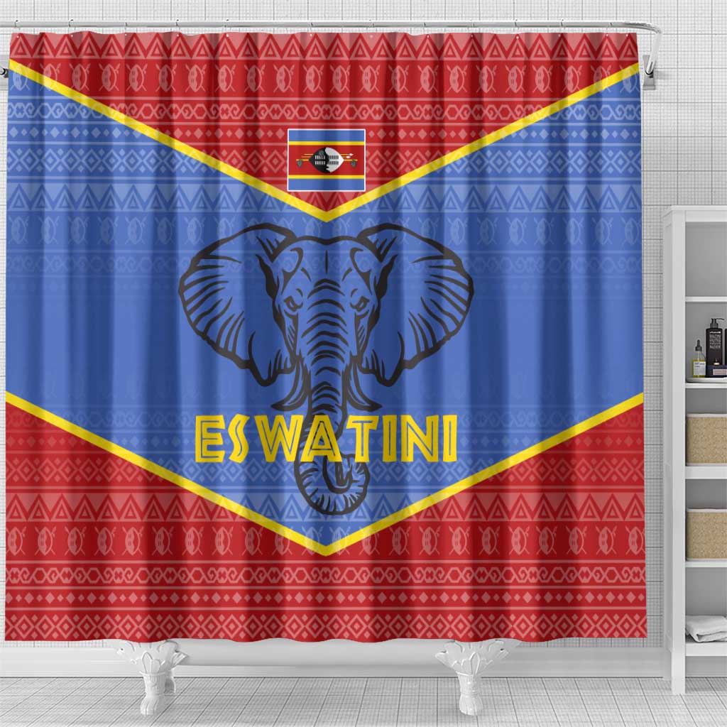 Eswatini Elephant Shower Curtain with Tribal Print and National Flag Details