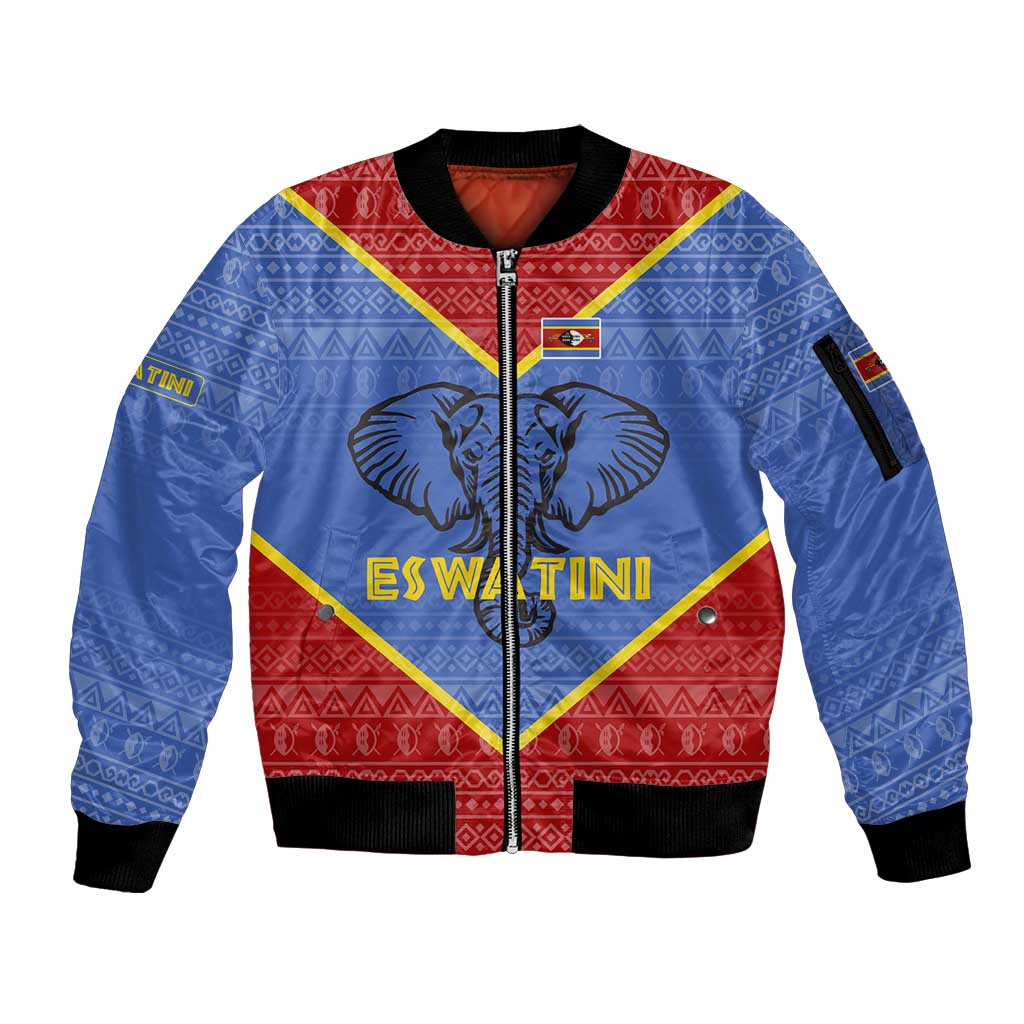 Eswatini Elephant Sleeve Zip Bomber Jacket with Tribal Print and National Flag Details
