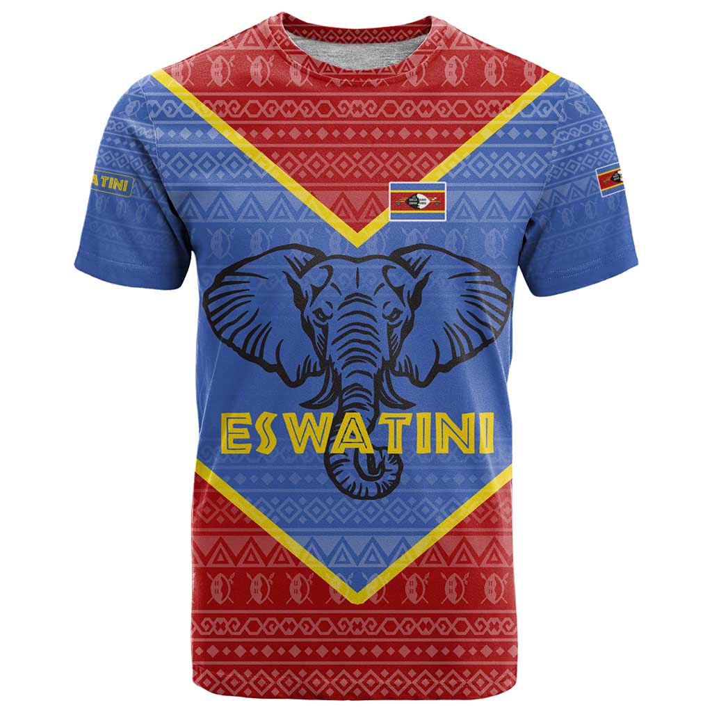 Eswatini Elephant T Shirt with Tribal Print and National Flag Details