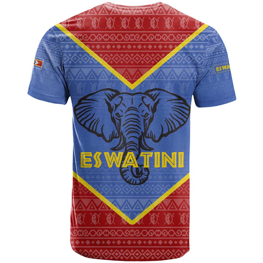 Eswatini Elephant T Shirt with Tribal Print and National Flag Details
