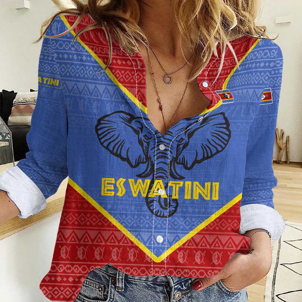 Eswatini Elephant Women Casual Shirt with Tribal Print and National Flag Details