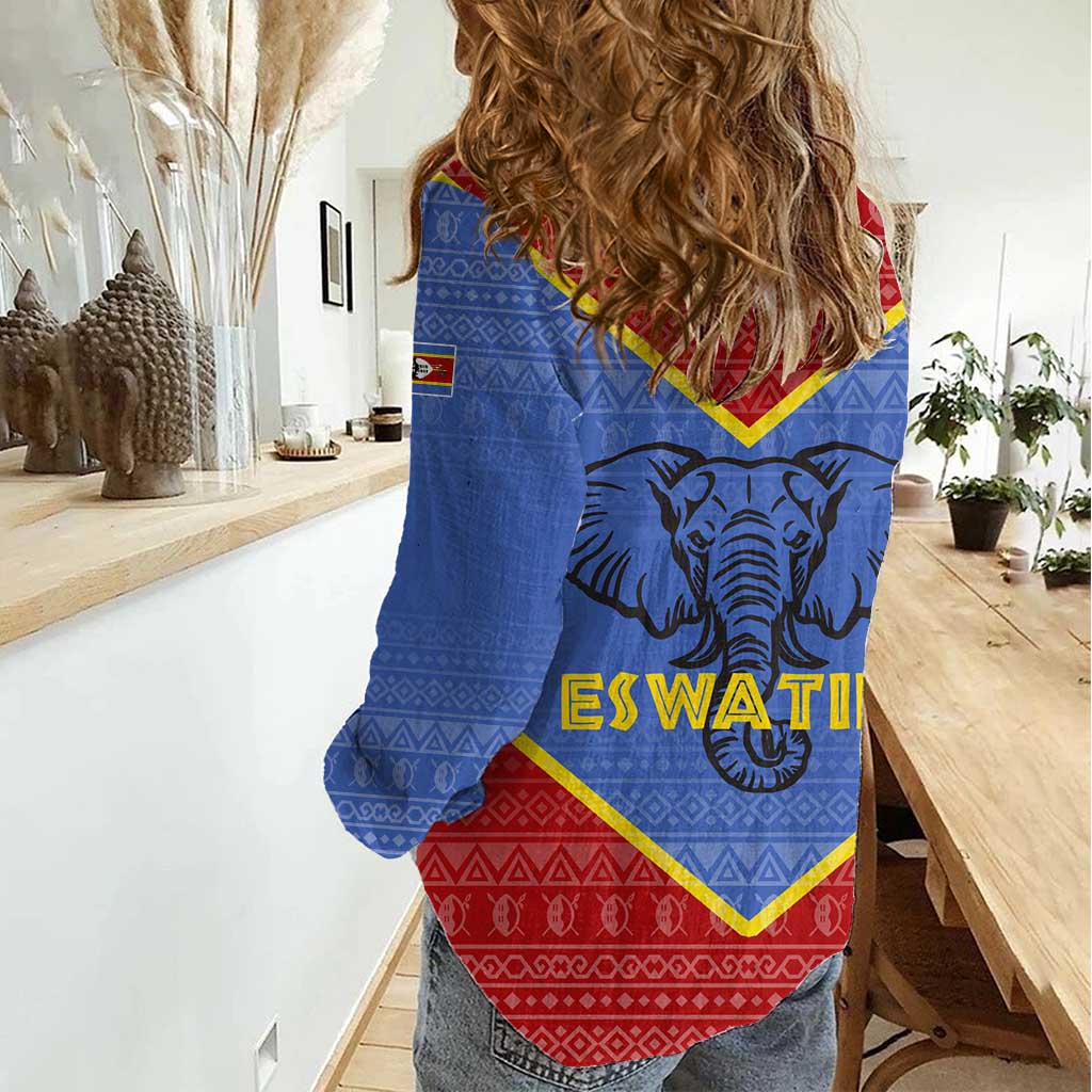 Eswatini Elephant Women Casual Shirt with Tribal Print and National Flag Details