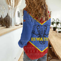 Eswatini Elephant Women Casual Shirt with Tribal Print and National Flag Details