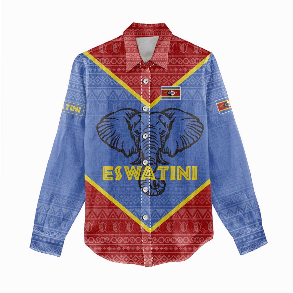 Eswatini Elephant Women Casual Shirt with Tribal Print and National Flag Details