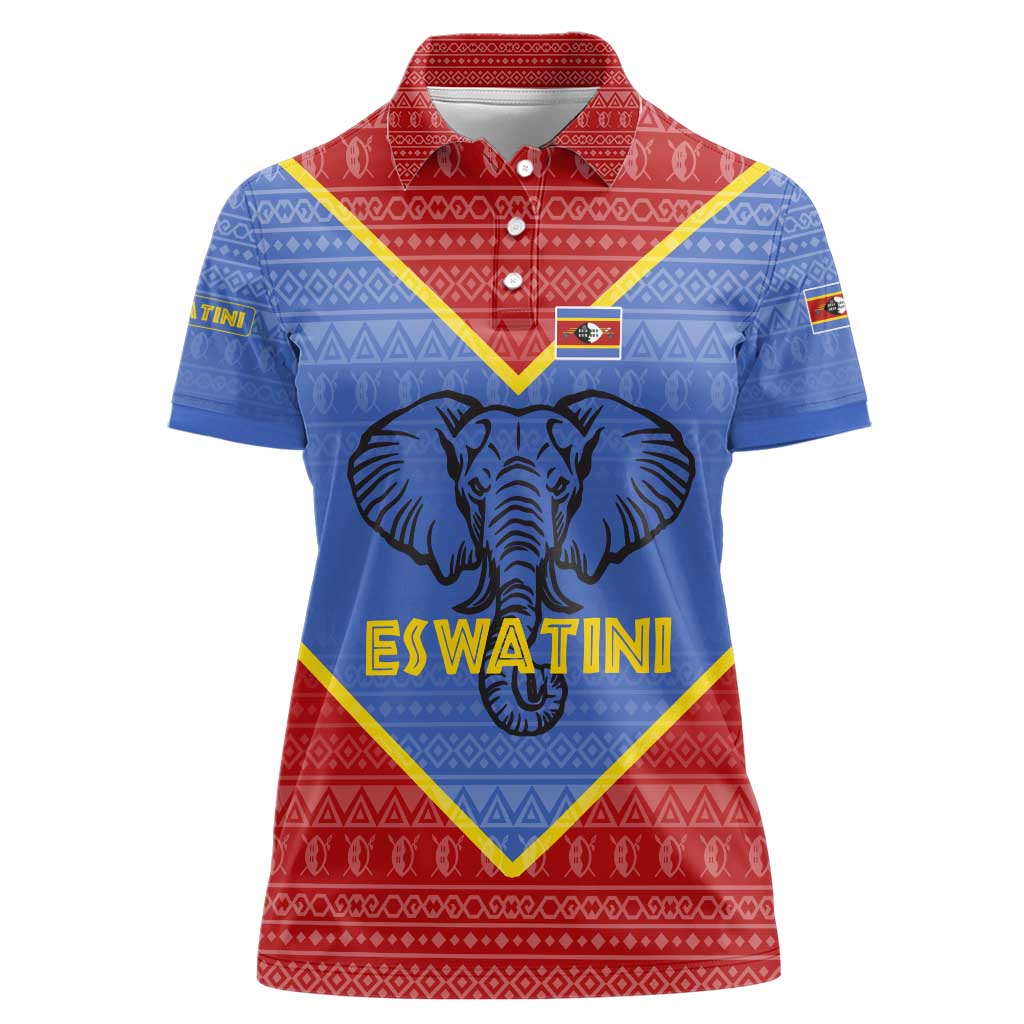 Eswatini Elephant Women Polo Shirt with Tribal Print and National Flag Details