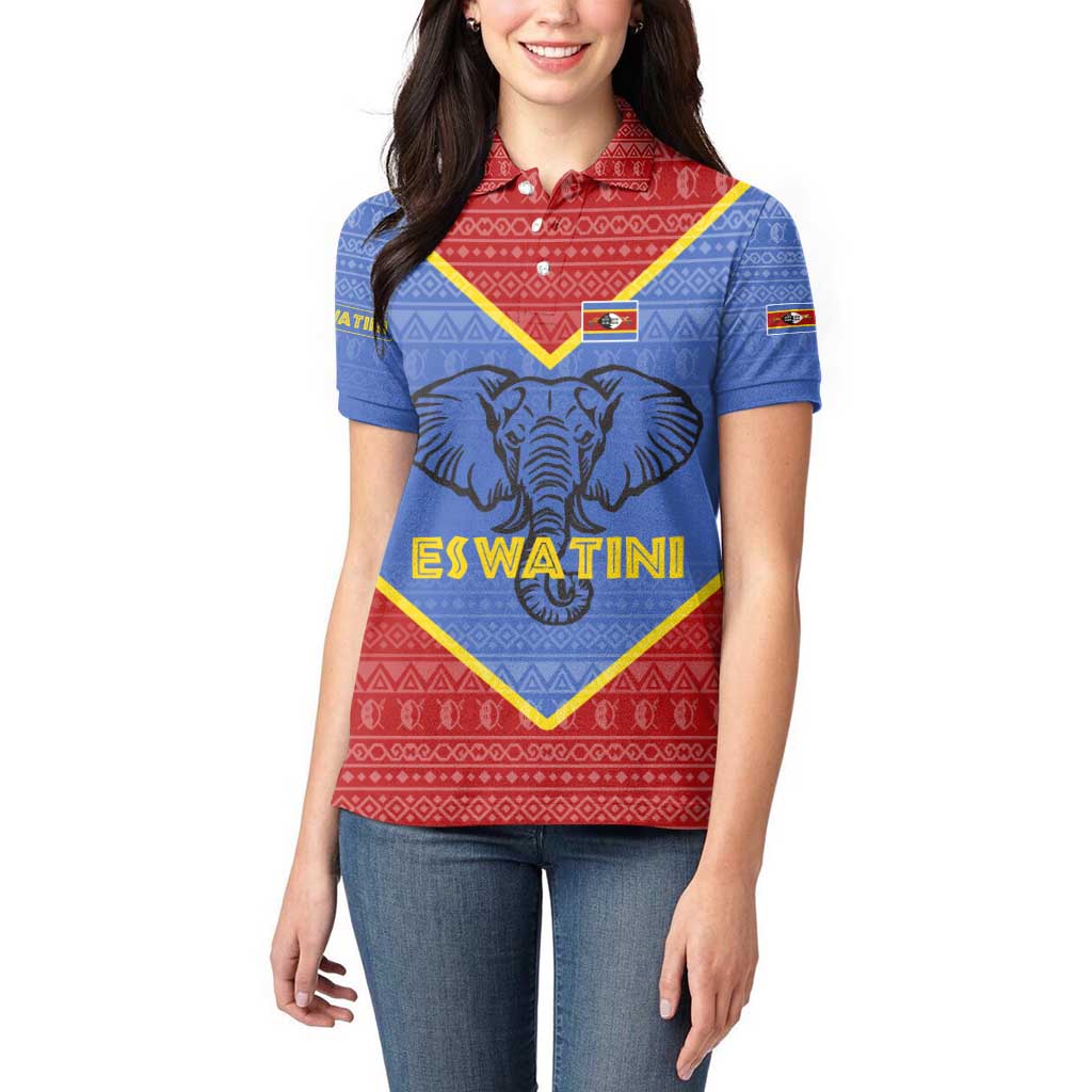 Eswatini Elephant Women Polo Shirt with Tribal Print and National Flag Details