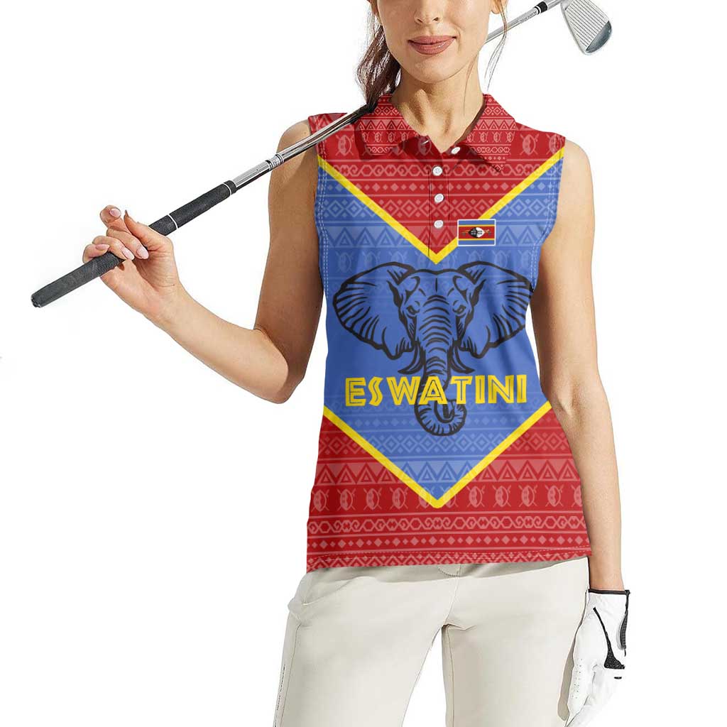 Eswatini Elephant Women Sleeveless Polo Shirt with Tribal Print and National Flag Details