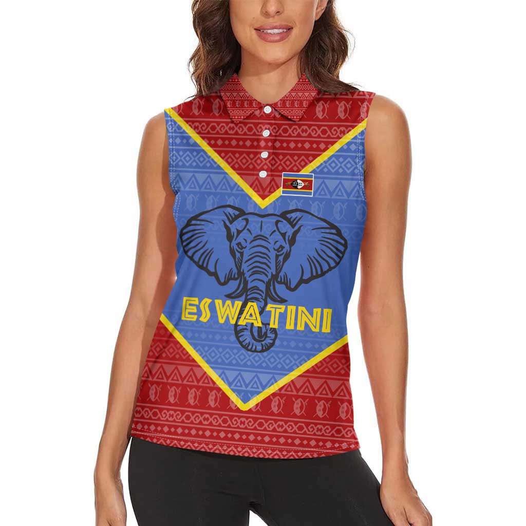Eswatini Elephant Women Sleeveless Polo Shirt with Tribal Print and National Flag Details