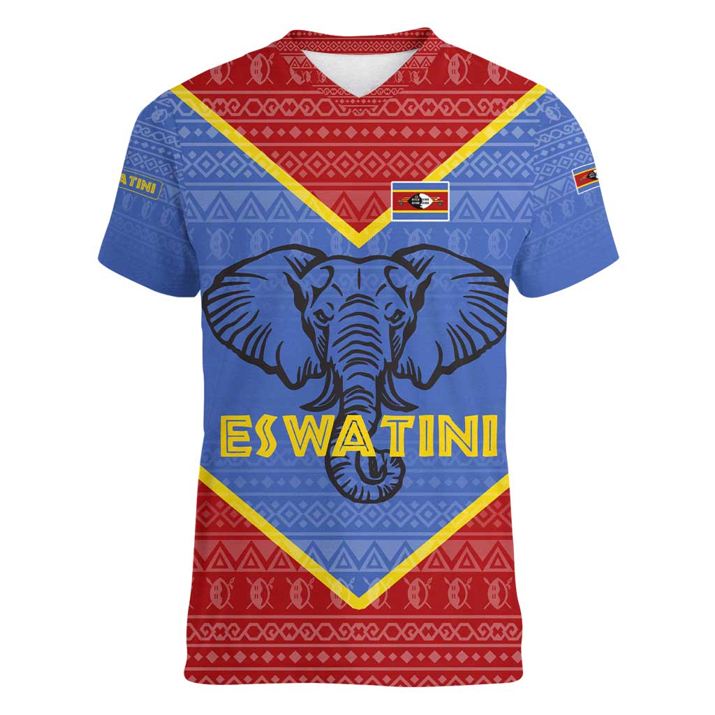 Eswatini Elephant Women V-Neck T-Shirt with Tribal Print and National Flag Details