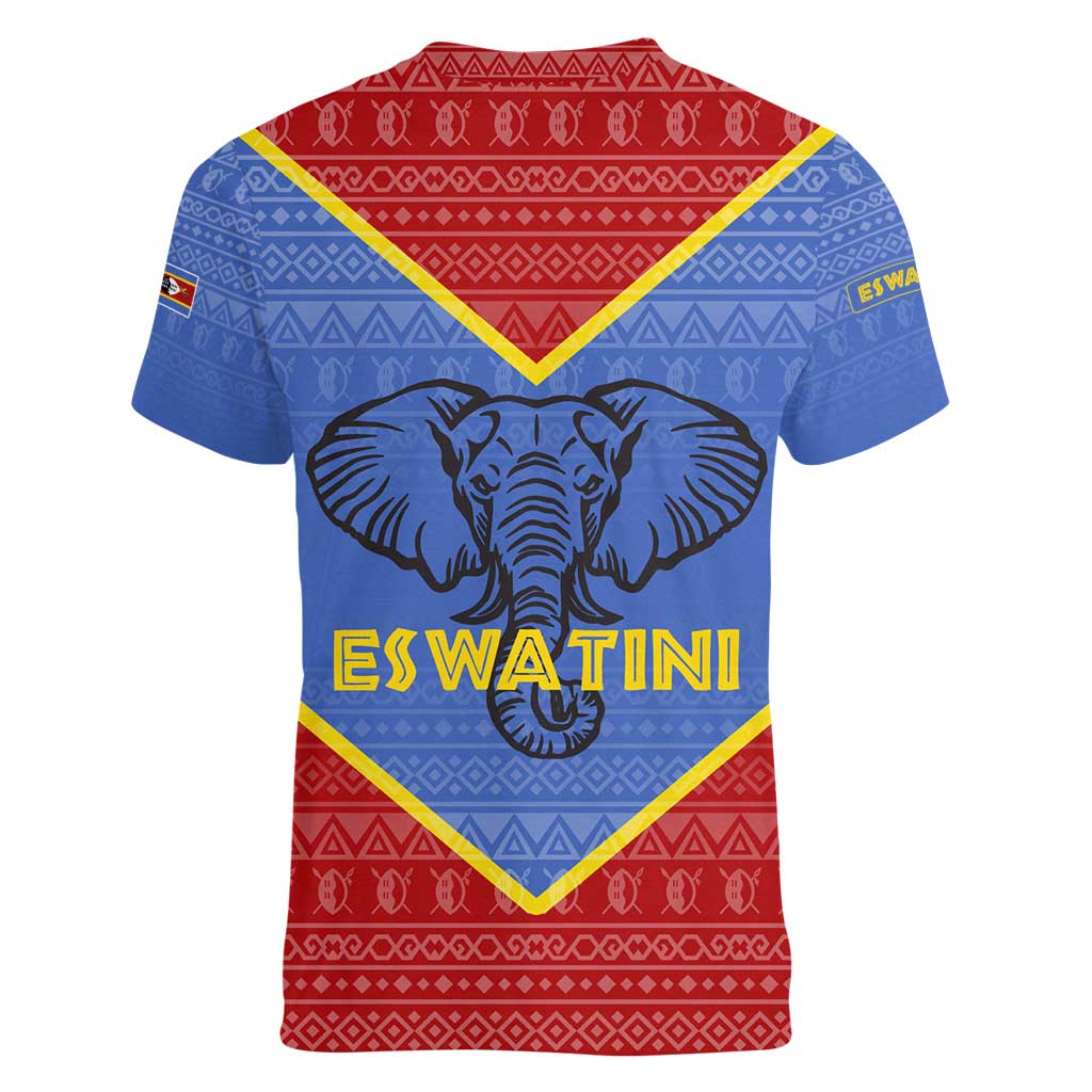 Eswatini Elephant Women V-Neck T-Shirt with Tribal Print and National Flag Details