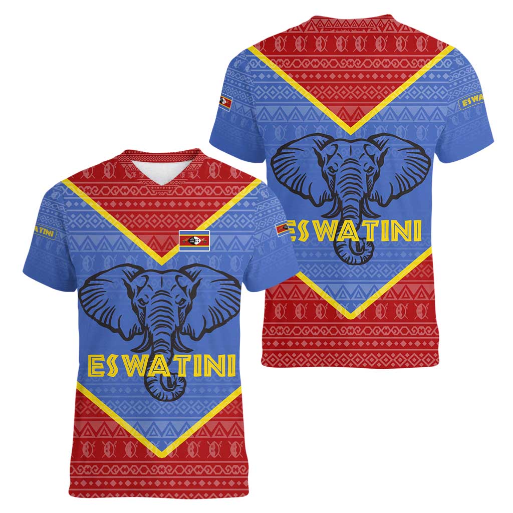 Eswatini Elephant Women V-Neck T-Shirt with Tribal Print and National Flag Details