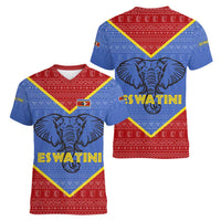 Eswatini Elephant Women V-Neck T-Shirt with Tribal Print and National Flag Details