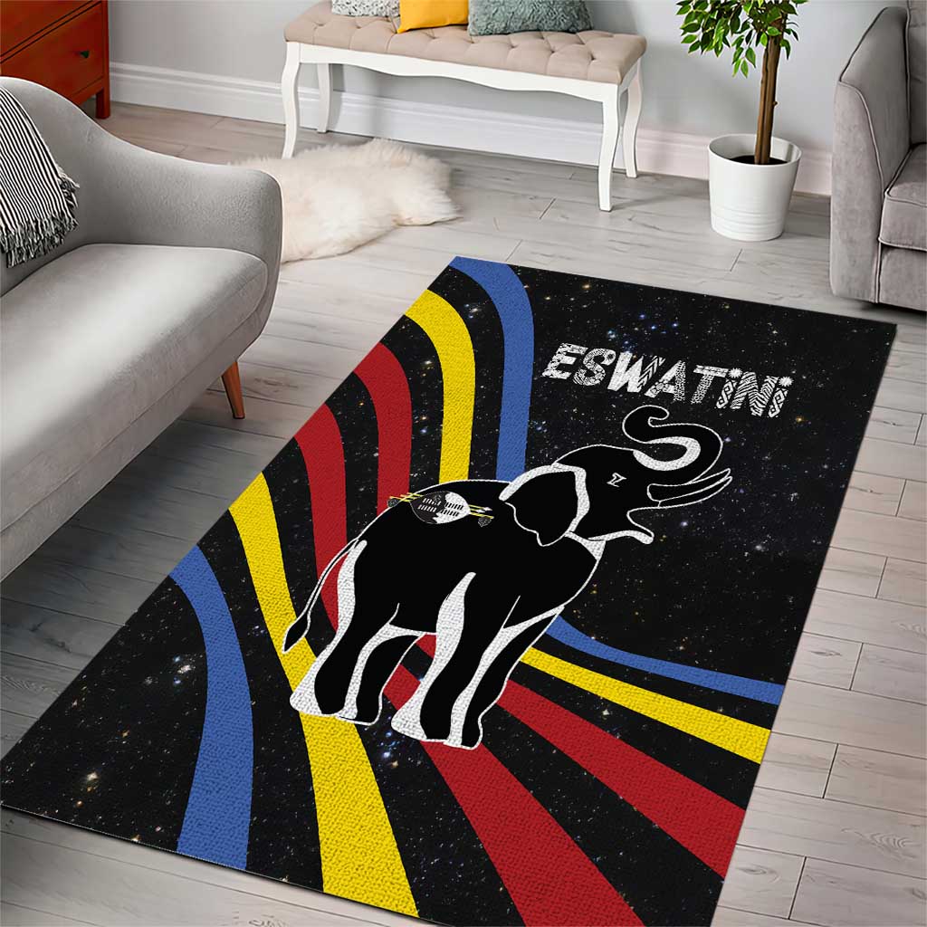 Eswatini Elephant Area Rug with Cosmic Background and Swazi Flag Colors