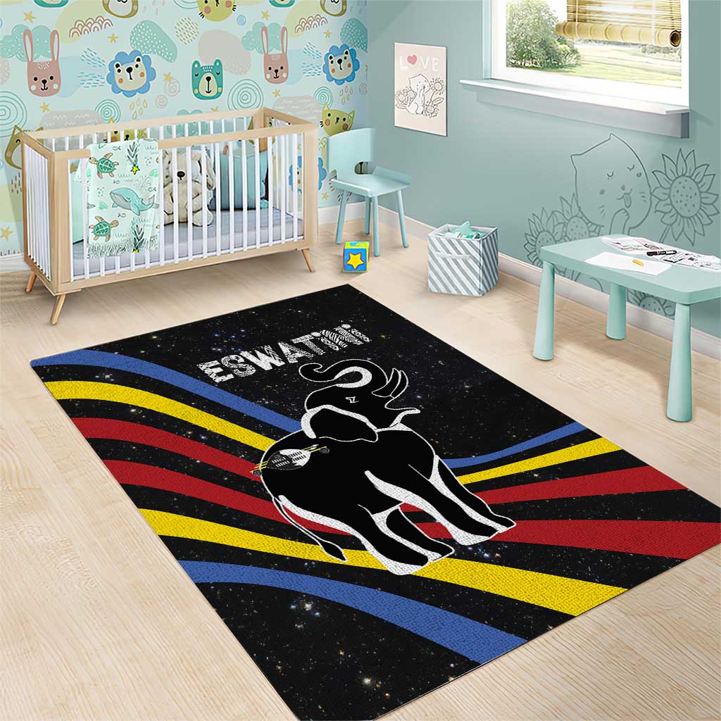 Eswatini Elephant Area Rug with Cosmic Background and Swazi Flag Colors