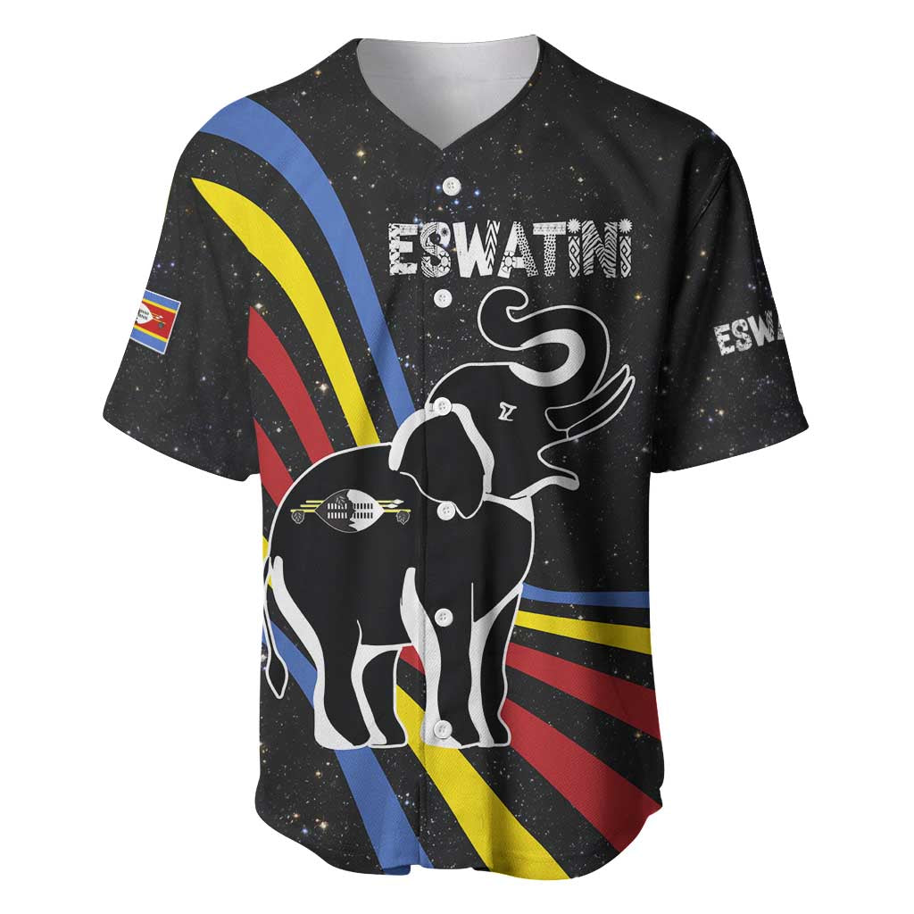 Eswatini Elephant Baseball Jersey with Cosmic Background and Swazi Flag Colors