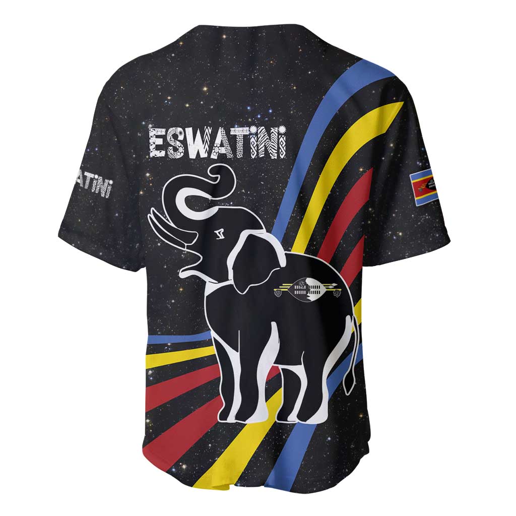Eswatini Elephant Baseball Jersey with Cosmic Background and Swazi Flag Colors