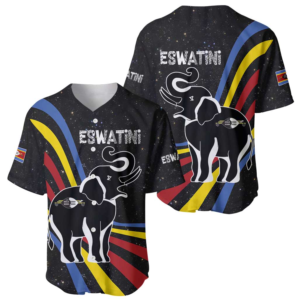 Eswatini Elephant Baseball Jersey with Cosmic Background and Swazi Flag Colors