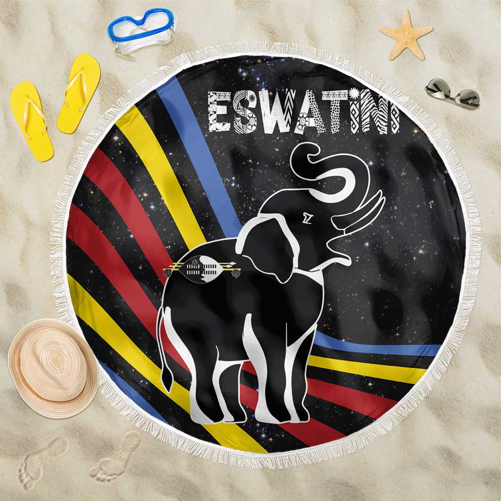 Eswatini Elephant Beach Blanket with Cosmic Background and Swazi Flag Colors