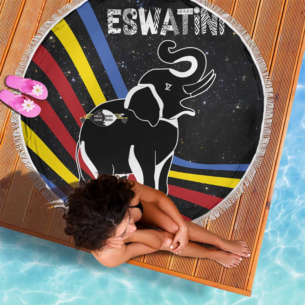 Eswatini Elephant Beach Blanket with Cosmic Background and Swazi Flag Colors