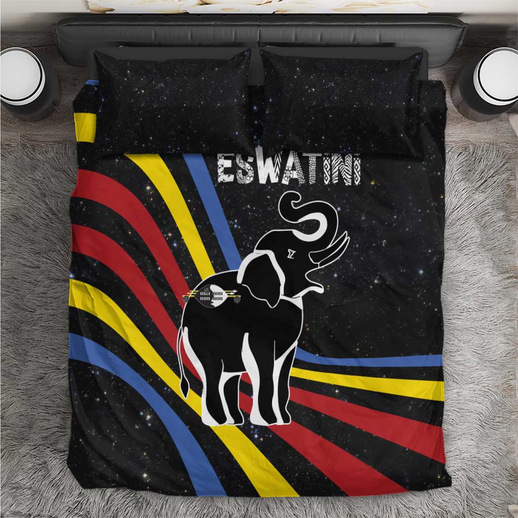 Eswatini Elephant Bedding Set with Cosmic Background and Swazi Flag Colors