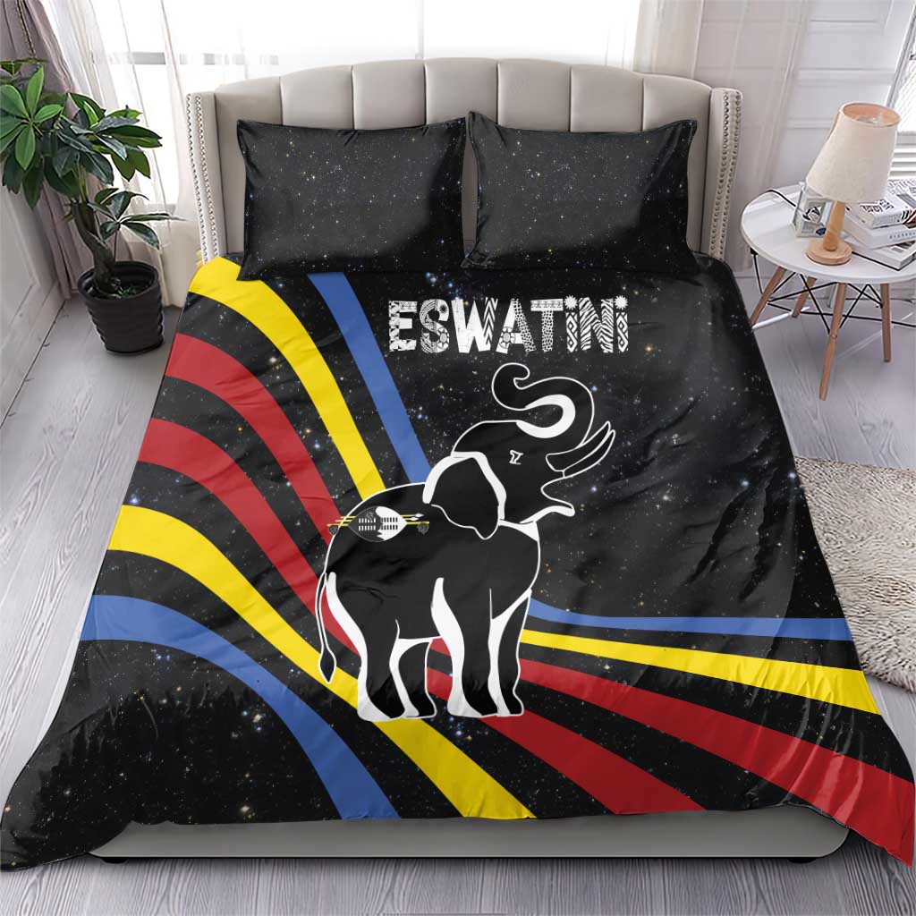 Eswatini Elephant Bedding Set with Cosmic Background and Swazi Flag Colors