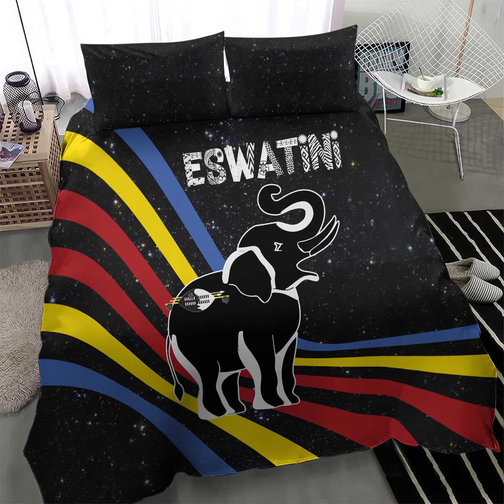 Eswatini Elephant Bedding Set with Cosmic Background and Swazi Flag Colors
