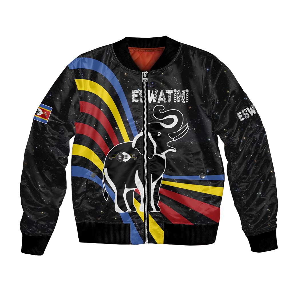 Eswatini Elephant Bomber Jacket with Cosmic Background and Swazi Flag Colors
