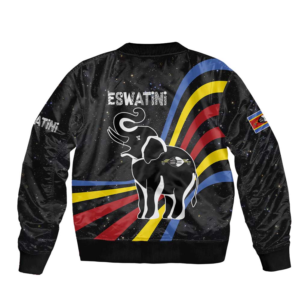 Eswatini Elephant Bomber Jacket with Cosmic Background and Swazi Flag Colors