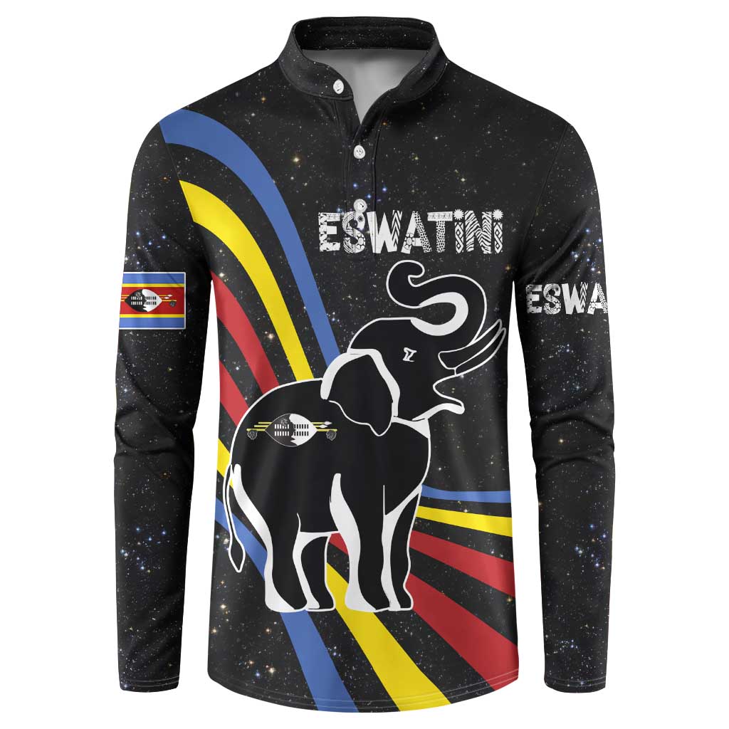 Eswatini Elephant Button Sweatshirt with Cosmic Background and Swazi Flag Colors