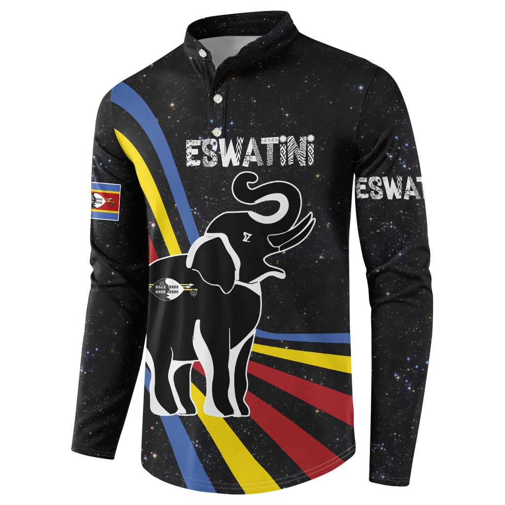 Eswatini Elephant Button Sweatshirt with Cosmic Background and Swazi Flag Colors